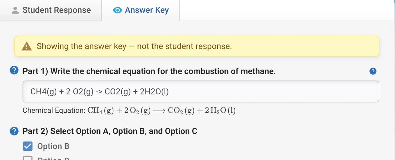 The Answer Key tab selected next to the Student Response tab, with a banner reading “Showing the answer key — not the student response.” Below it, the correct chemical equation for the combustion of methane and the correct multiple-choice selection are shown.